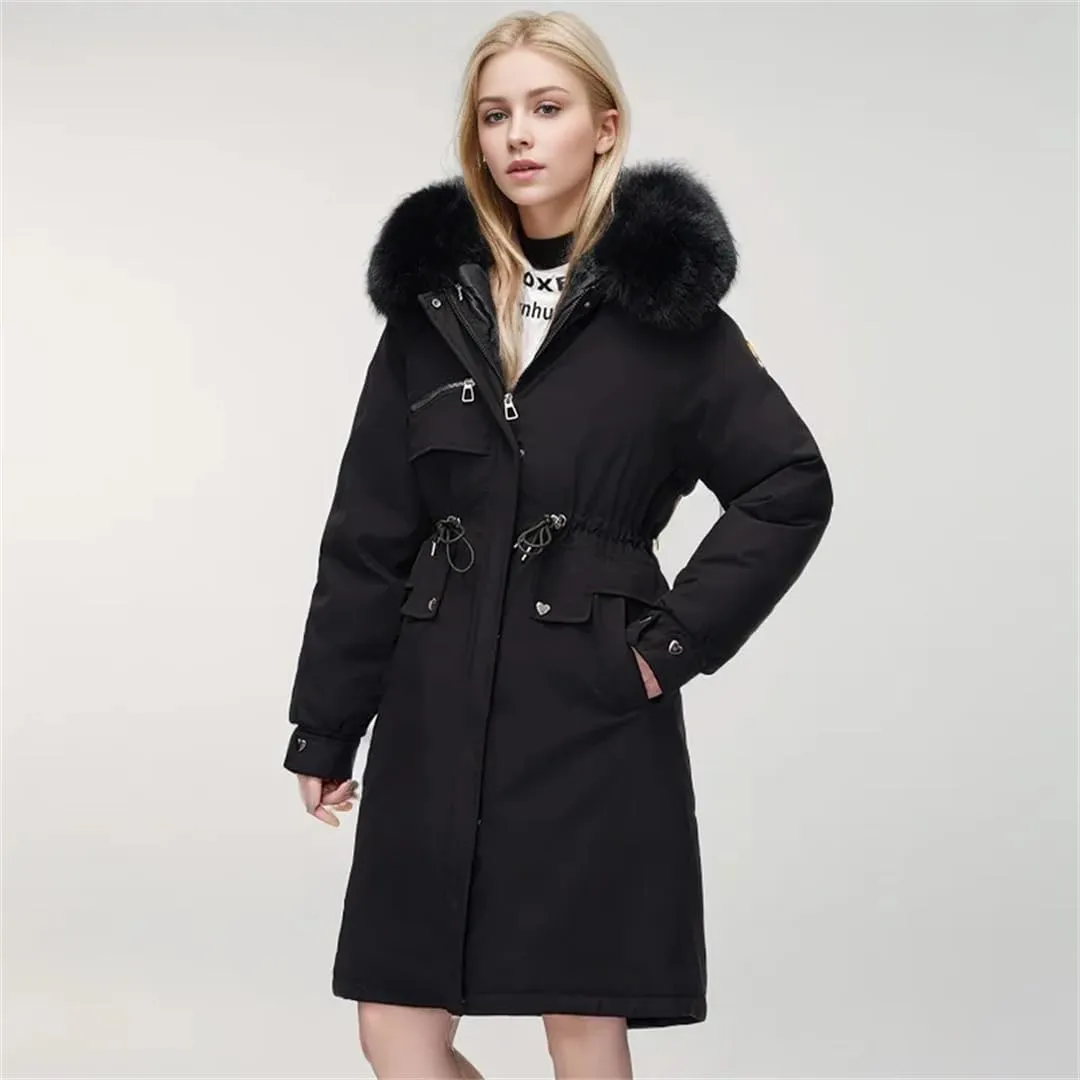 Women Parka Clothes Loose Long Coat Wool Liner Hooded Down Cotton Jacket Fur Collar Thick Warm Snow Wear Padded
