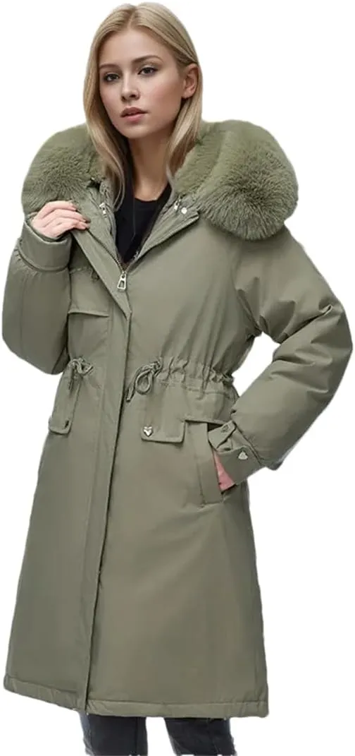 Women Parka Clothes Loose Long Coat Wool Liner Hooded Down Cotton Jacket Fur Collar Thick Warm Snow Wear Padded