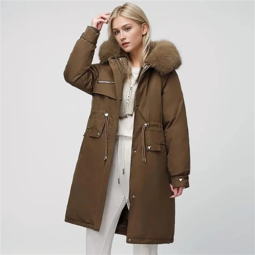 Women Parka Clothes Loose Long Coat Wool Liner Hooded Down Cotton Jacket Fur Collar Thick Warm Snow Wear Padded
