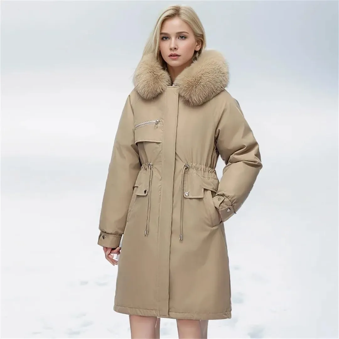 Women Parka Clothes Loose Long Coat Wool Liner Hooded Down Cotton Jacket Fur Collar Thick Warm Snow Wear Padded