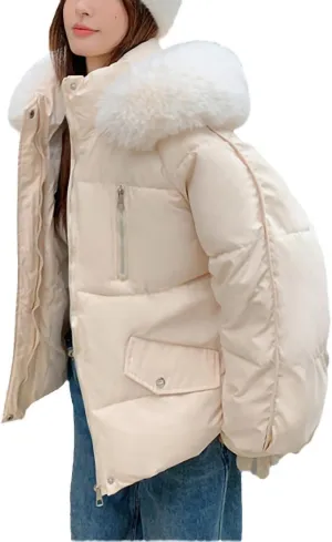 Women Thick Down Cotton Padded Cold Coat Female Casual Loose Jacket Womens Winter Fur Collar Hooded Short Parkas