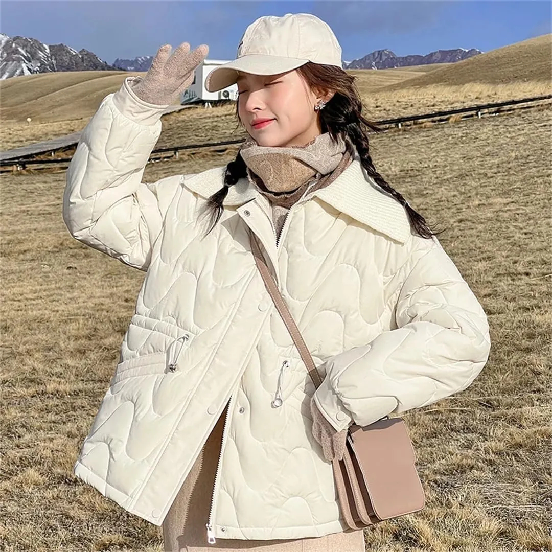 Women Winter Loose Knitted Lapel Parkas Long Sleeve Slim Waist Warm Down Cotton Padded Coats