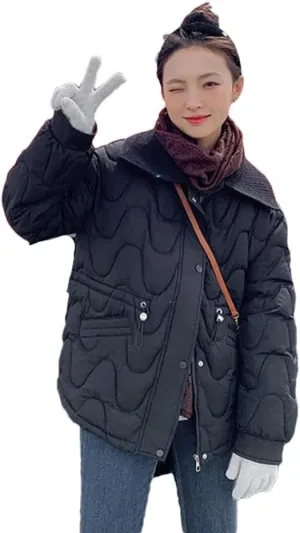 Women Winter Loose Knitted Lapel Parkas Long Sleeve Slim Waist Warm Down Cotton Padded Coats