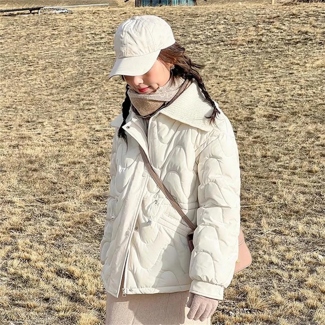 Women Winter Loose Knitted Lapel Parkas Long Sleeve Slim Waist Warm Down Cotton Padded Coats