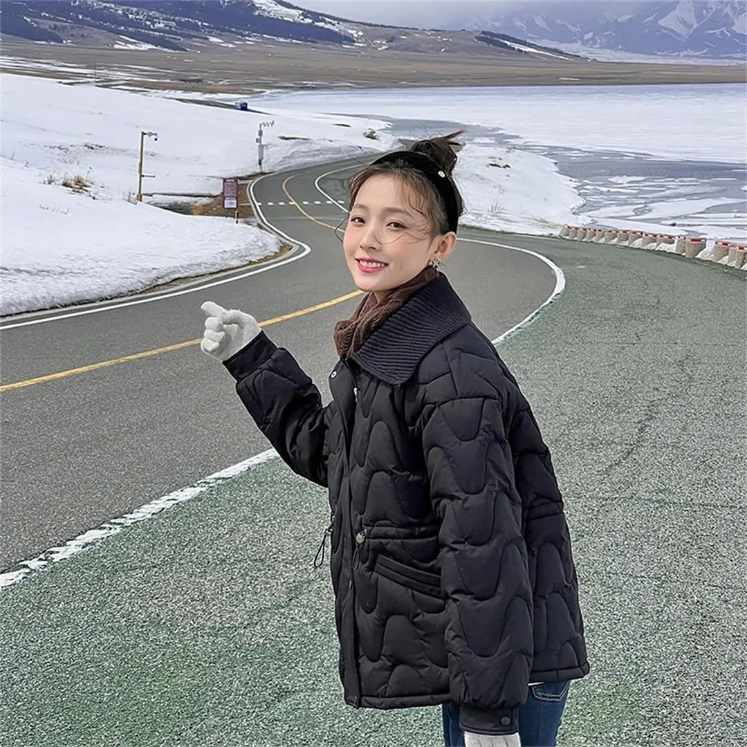 Women Winter Loose Knitted Lapel Parkas Long Sleeve Slim Waist Warm Down Cotton Padded Coats
