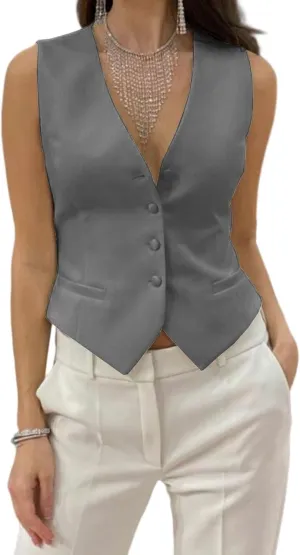 Womens Casual Suit Vest Fully Lined 4 Button V-Neck Dress Vests Waistcoat