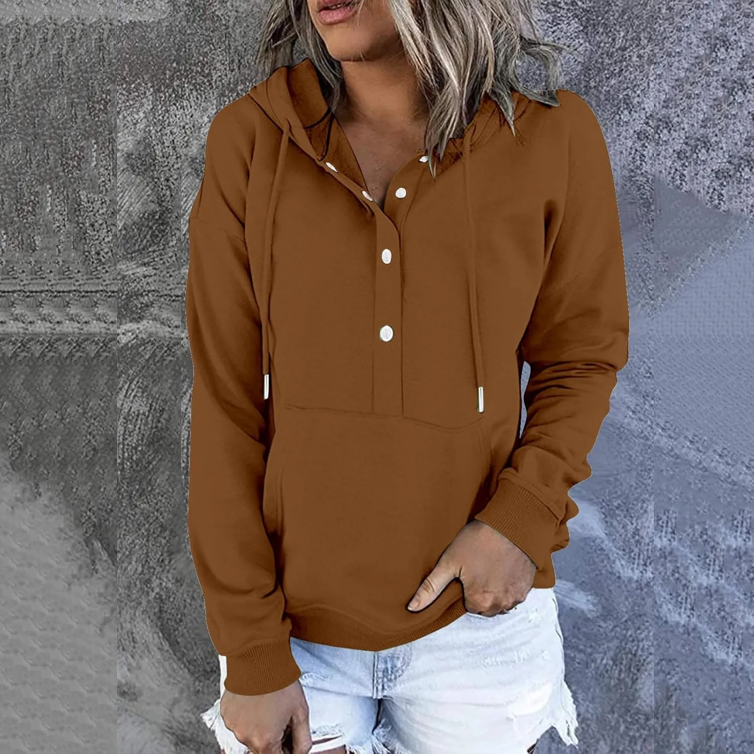 Women's Fashion Hoodies Casual Long Sleeve Button Sweatshirts with Hood Comfy Fall Oversized Clothes Winter Outfits