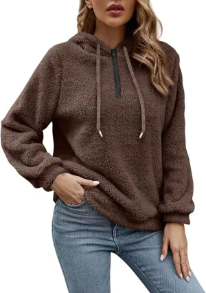 Women's Sherpa Quarter Zip Pullover Oversized Trendy comfy Hoodies Y2k Casual Drawstring Long Sleeve Sweatshirts