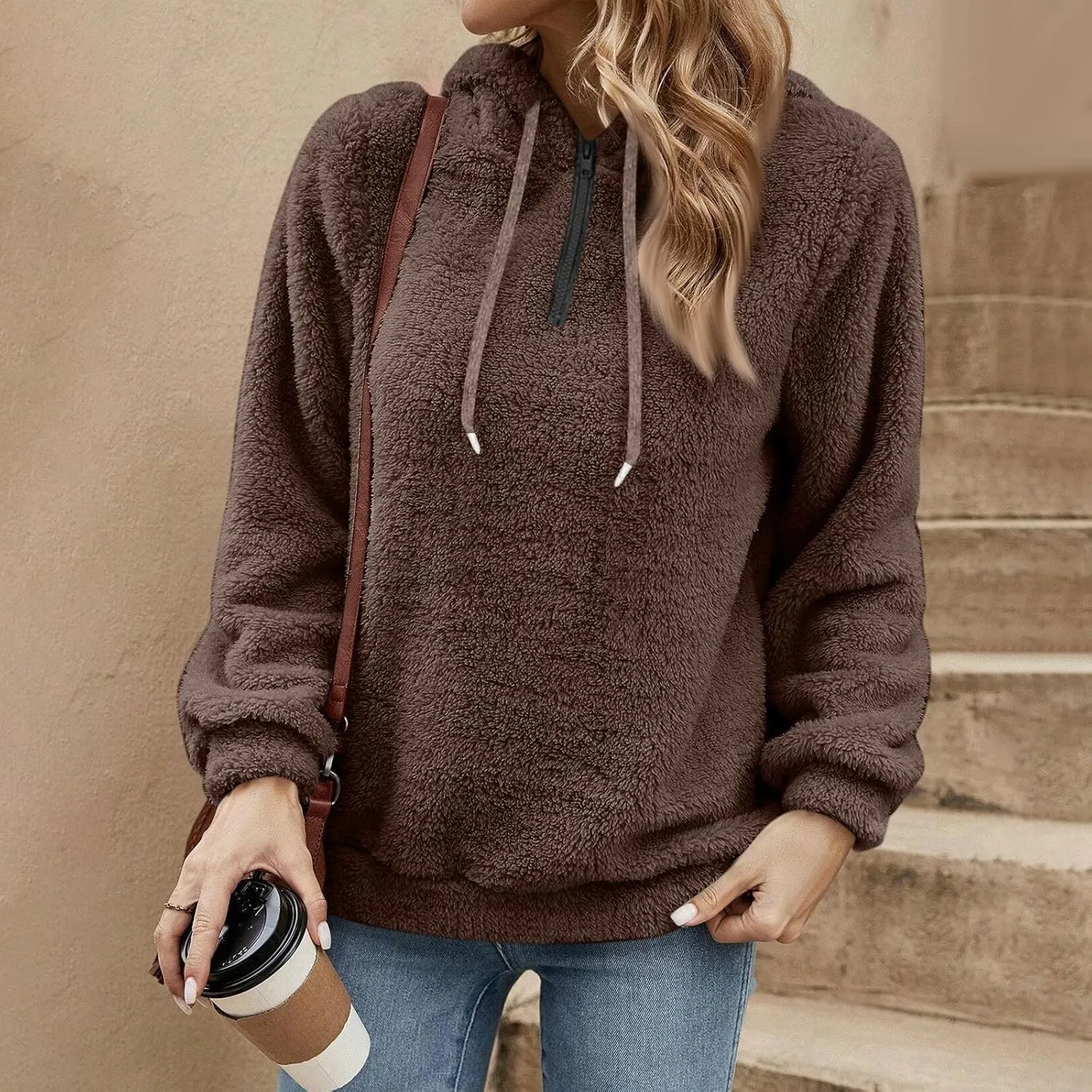 Women's Sherpa Quarter Zip Pullover Oversized Trendy comfy Hoodies Y2k Casual Drawstring Long Sleeve Sweatshirts