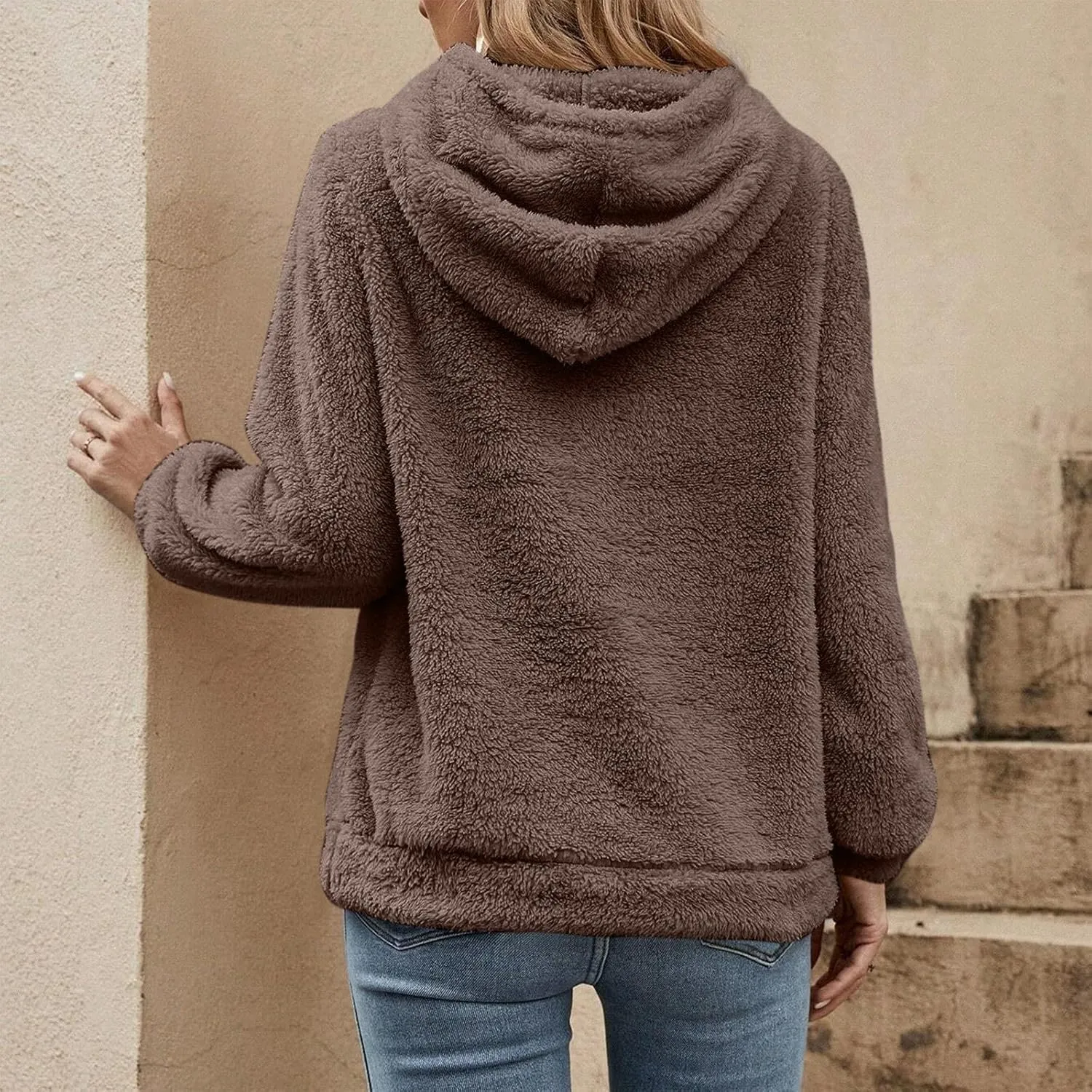 Women's Sherpa Quarter Zip Pullover Oversized Trendy comfy Hoodies Y2k Casual Drawstring Long Sleeve Sweatshirts