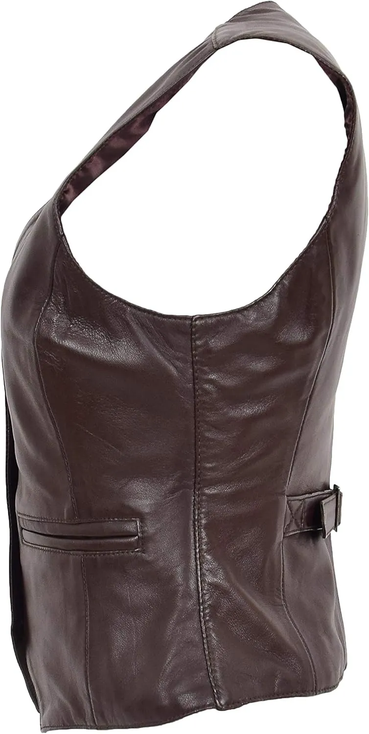 Womens Soft Leather Waistcoat Slim Fit Sleeveless Jacket Classic Casual Gilet Katy Brown