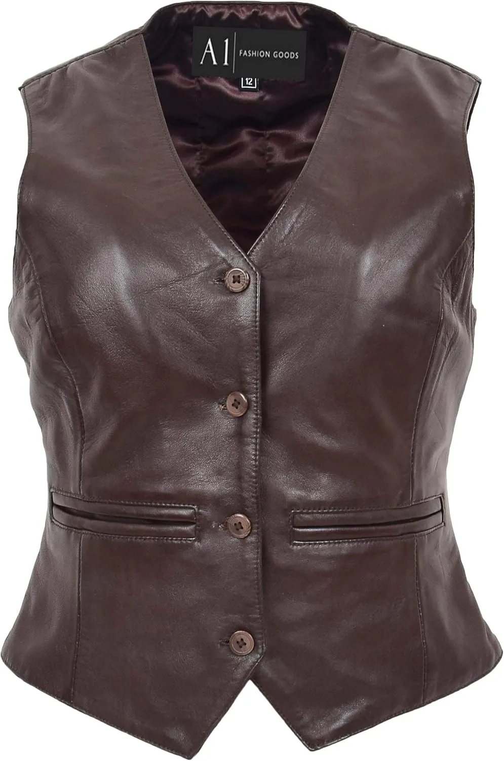 Womens Soft Leather Waistcoat Slim Fit Sleeveless Jacket Classic Casual Gilet Katy Brown