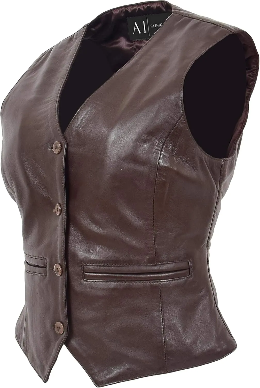 Womens Soft Leather Waistcoat Slim Fit Sleeveless Jacket Classic Casual Gilet Katy Brown