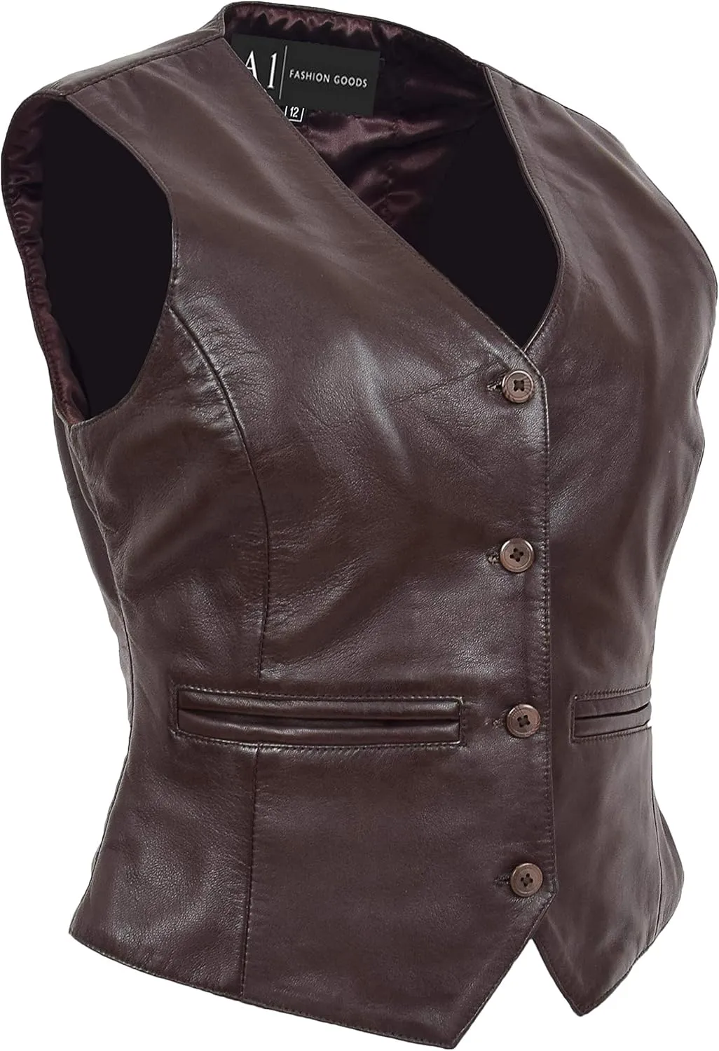 Womens Soft Leather Waistcoat Slim Fit Sleeveless Jacket Classic Casual Gilet Katy Brown