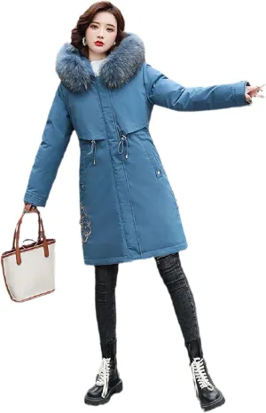 Wvapzxx Large Fur Collar Embroidered Cotton Jackets Winter Long Padded Down Jacket Women Parkers Thick Warm Coats