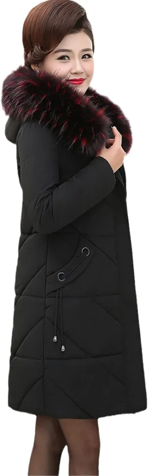 Wvapzxx Winter Parkas Women's Thicken Down Coat Hooded Outerwear Fur Collar Cotton Padded Jacket