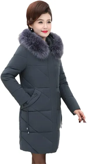 Wvapzxx Winter Parkas Women's Thicken Down Coat Hooded Outerwear Fur Collar Cotton Padded Jacket