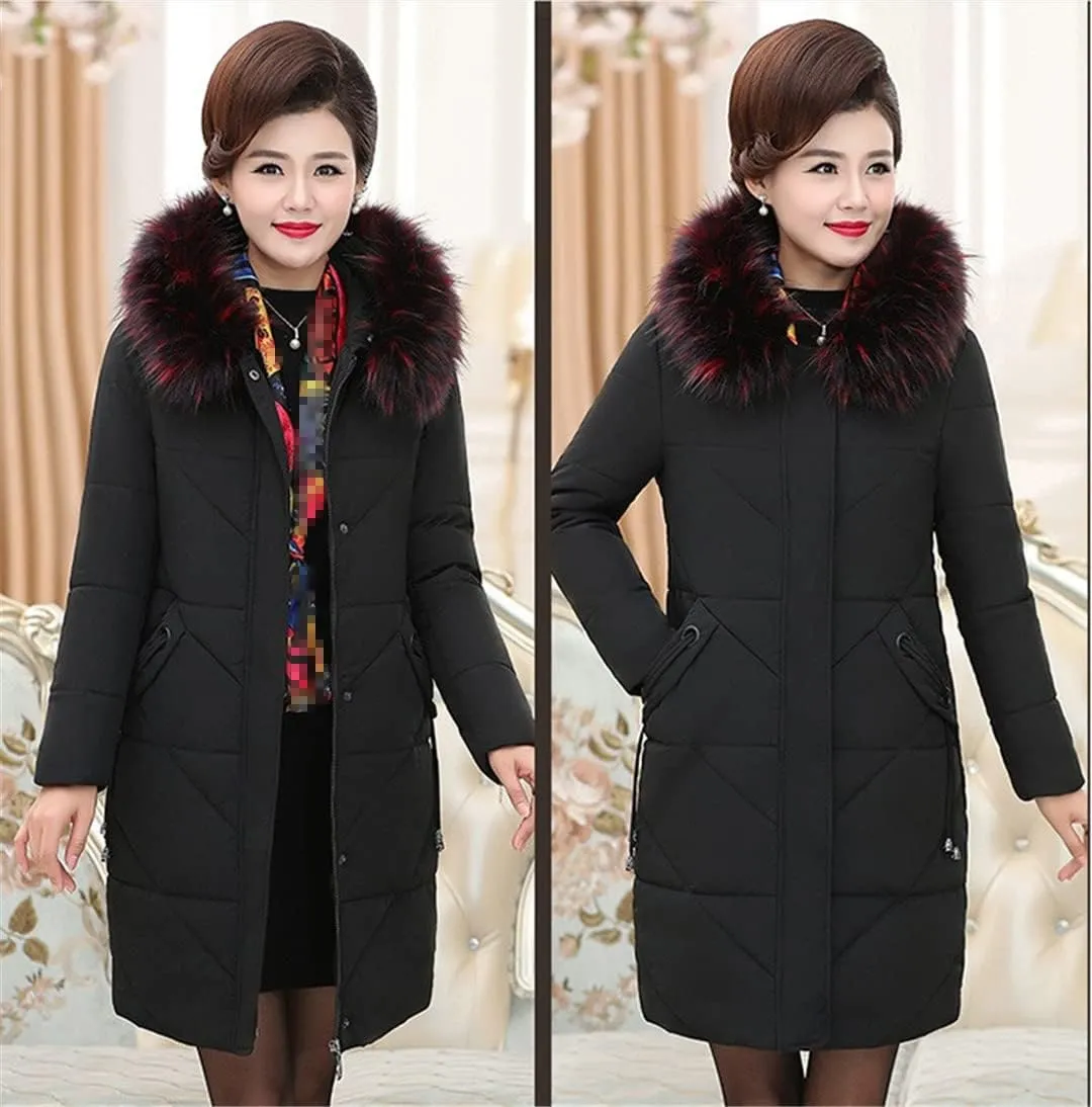 Wvapzxx Winter Parkas Women's Thicken Down Coat Hooded Outerwear Fur Collar Cotton Padded Jacket