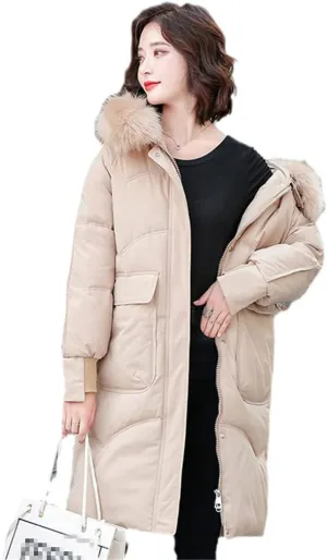 Wvapzxx Women's Winter Thick Big Fur Collar Down Padded Cotton Jacket Parkas Long Over Knee Slim Hooded Coat