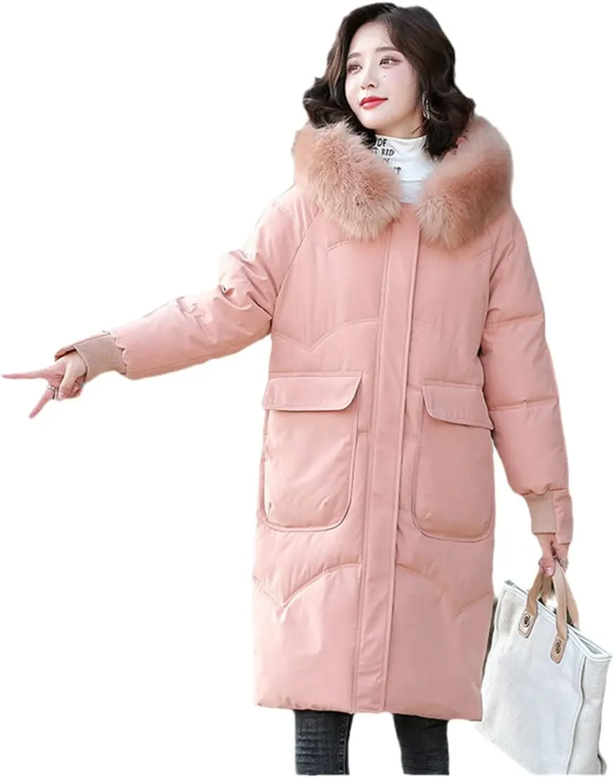 Wvapzxx Women's Winter Thick Big Fur Collar Down Padded Cotton Jacket Parkas Long Over Knee Slim Hooded Coat