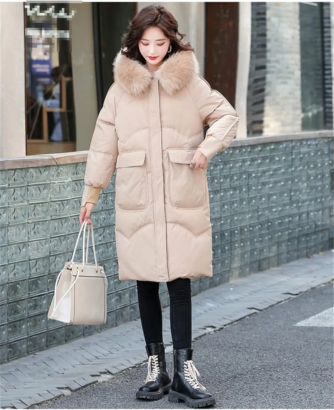Wvapzxx Women's Winter Thick Big Fur Collar Down Padded Cotton Jacket Parkas Long Over Knee Slim Hooded Coat