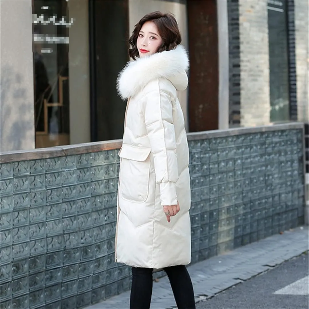 Wvapzxx Women's Winter Thick Big Fur Collar Down Padded Cotton Jacket Parkas Long Over Knee Slim Hooded Coat
