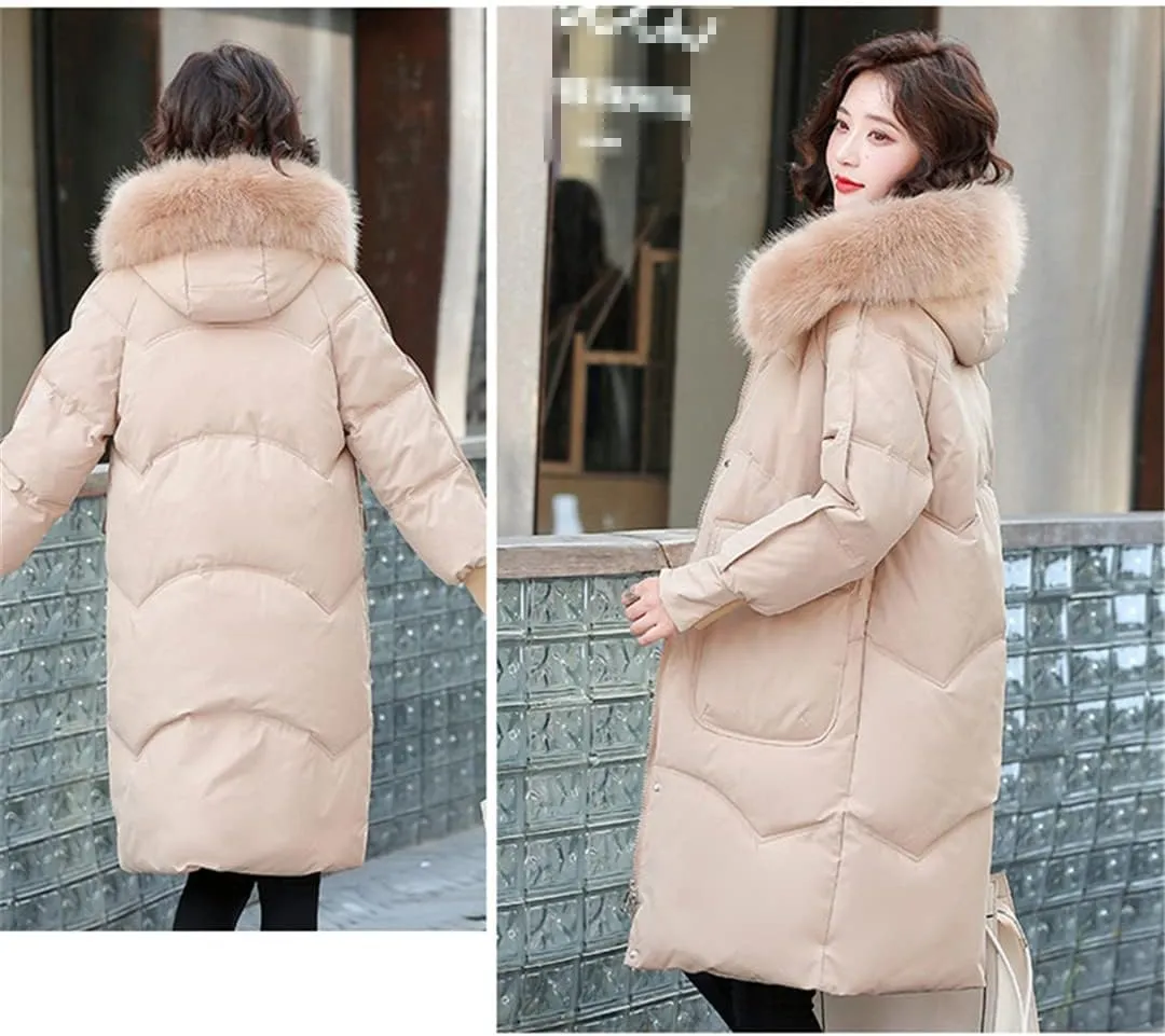 Wvapzxx Women's Winter Thick Big Fur Collar Down Padded Cotton Jacket Parkas Long Over Knee Slim Hooded Coat