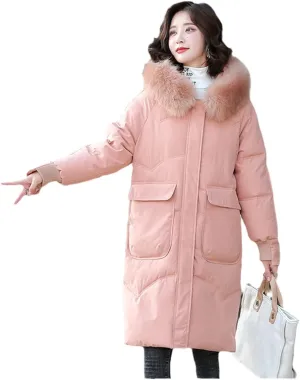 Wvapzxx Women's Winter Thick Big Fur Collar Down Padded Cotton Jacket Parkas Long Over Knee Slim Hooded Coat