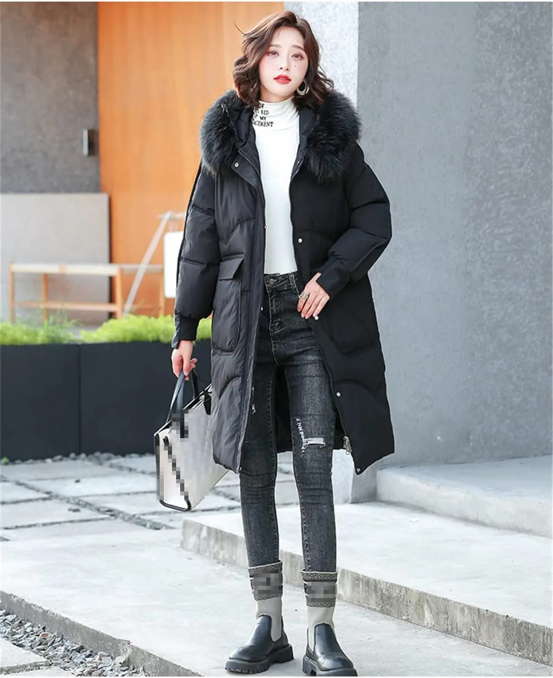 Wvapzxx Women's Winter Thick Big Fur Collar Down Padded Cotton Jacket Parkas Long Over Knee Slim Hooded Coat