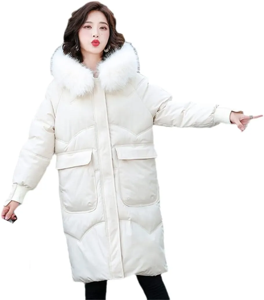 Wvapzxx Women's Winter Thick Big Fur Collar Down Padded Cotton Jacket Parkas Long Over Knee Slim Hooded Coat