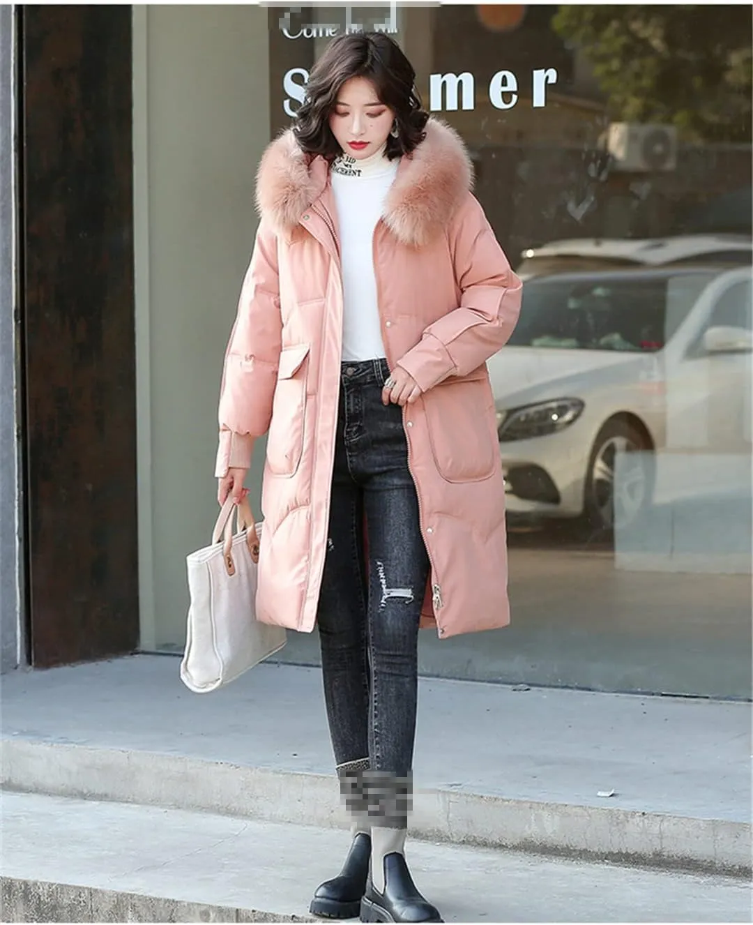 Wvapzxx Women's Winter Thick Big Fur Collar Down Padded Cotton Jacket Parkas Long Over Knee Slim Hooded Coat