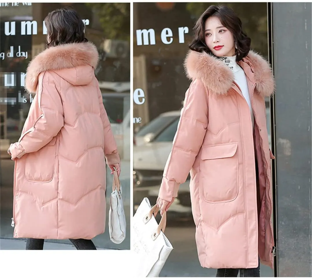 Wvapzxx Women's Winter Thick Big Fur Collar Down Padded Cotton Jacket Parkas Long Over Knee Slim Hooded Coat