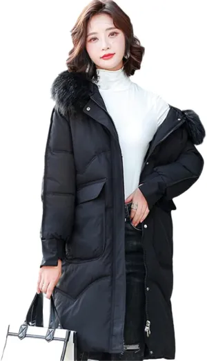 Wvapzxx Women's Winter Thick Big Fur Collar Down Padded Cotton Jacket Parkas Long Over Knee Slim Hooded Coat