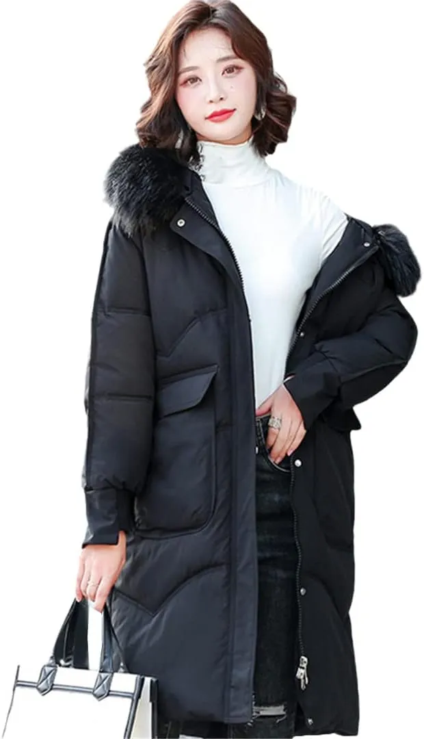 Wvapzxx Women's Winter Thick Big Fur Collar Down Padded Cotton Jacket Parkas Long Over Knee Slim Hooded Coat