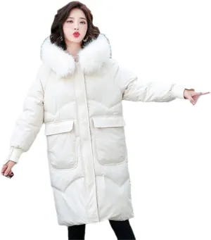 Wvapzxx Women's Winter Thick Big Fur Collar Down Padded Cotton Jacket Parkas Long Over Knee Slim Hooded Coat