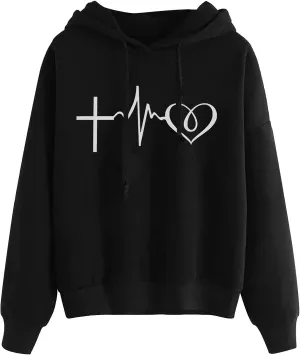 YRAETENM Heart Graphic Hoodies for Women casual Long Sleeve drawstring Pullover Tops oversized comfy sweatshirts with Pocket