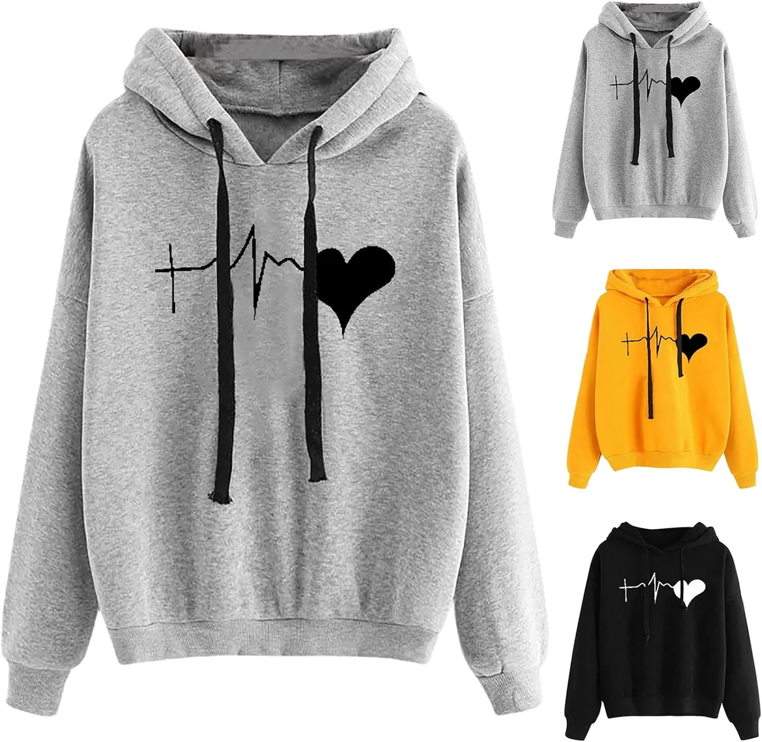 YRAETENM Heart Graphic Hoodies for Women casual Long Sleeve drawstring Pullover Tops oversized comfy sweatshirts with Pocket