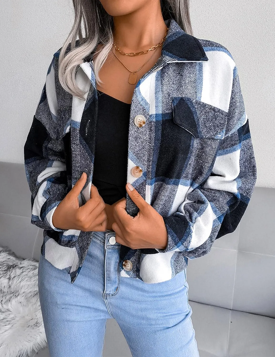 Zontroldy Womens Fashion Cropped Corduroy Plaid Shacket Jacket Button Down Long Sleeve Crop Shirts Jackets Tops