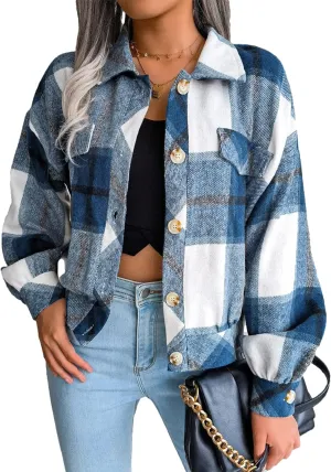 Zontroldy Womens Fashion Cropped Corduroy Plaid Shacket Jacket Button Down Long Sleeve Crop Shirts Jackets Tops
