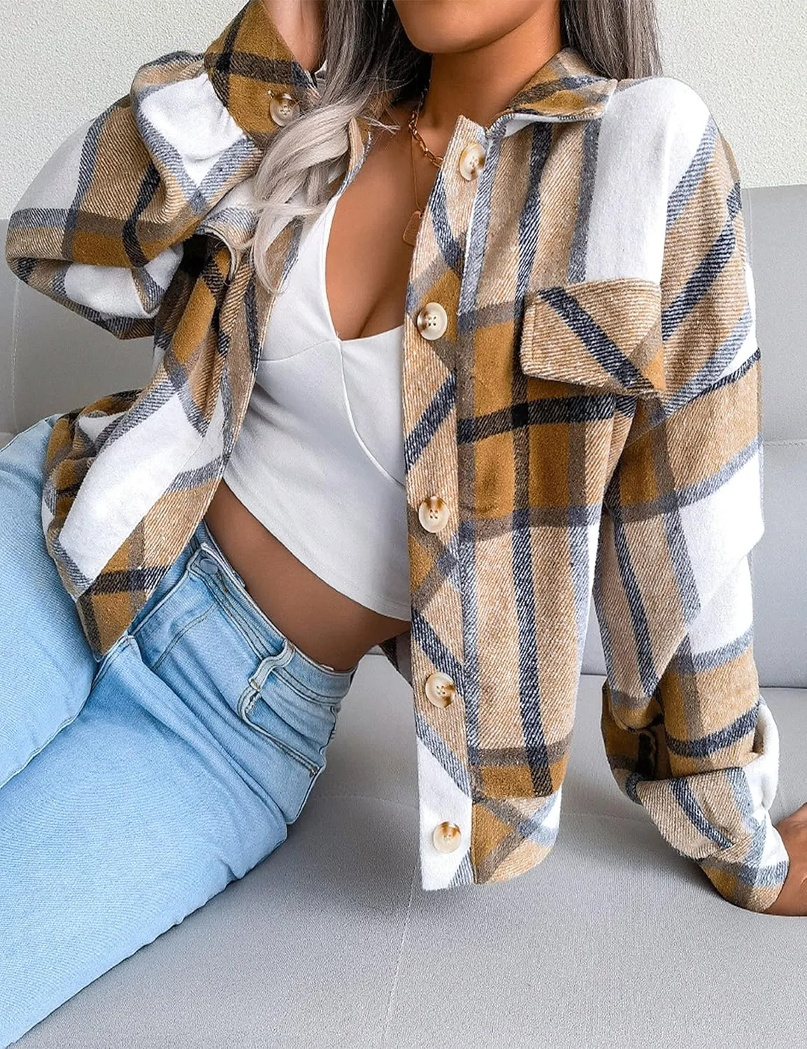 Zontroldy Womens Fashion Cropped Corduroy Plaid Shacket Jacket Button Down Long Sleeve Crop Shirts Jackets Tops