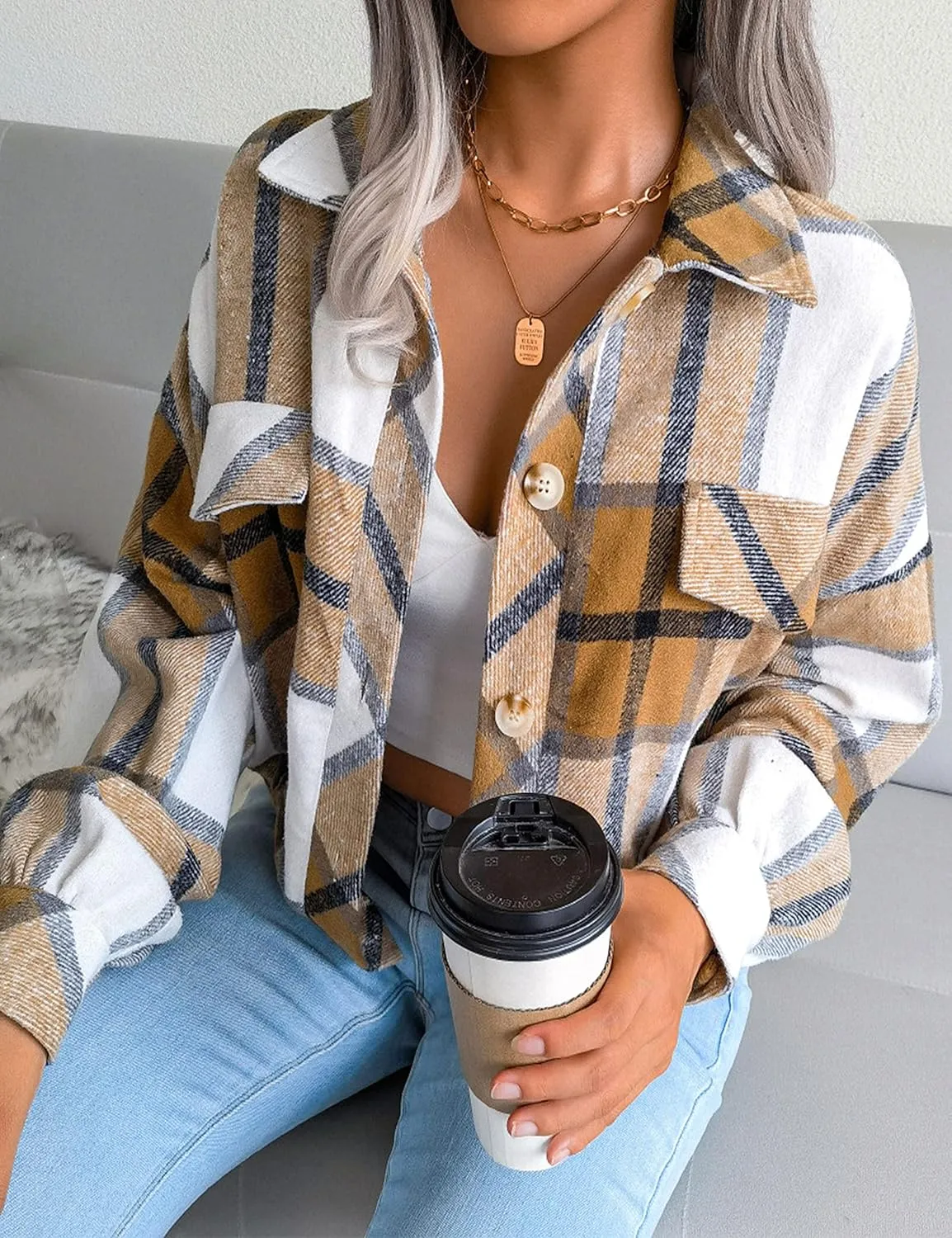 Zontroldy Womens Fashion Cropped Corduroy Plaid Shacket Jacket Button Down Long Sleeve Crop Shirts Jackets Tops