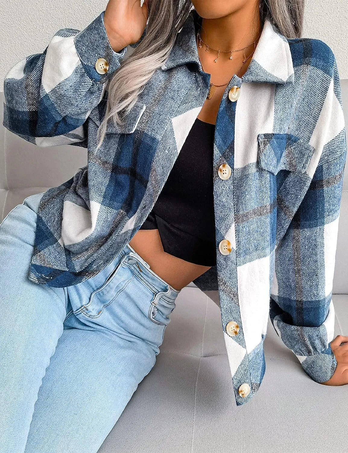 Zontroldy Womens Fashion Cropped Corduroy Plaid Shacket Jacket Button Down Long Sleeve Crop Shirts Jackets Tops