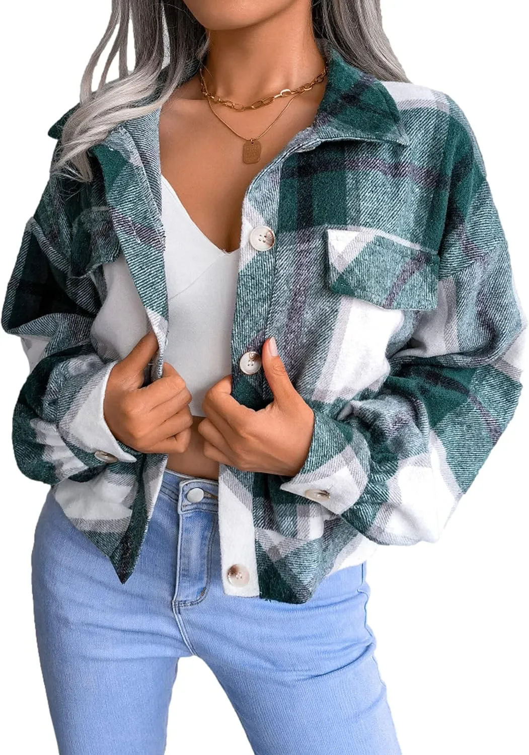 Zontroldy Womens Fashion Cropped Corduroy Plaid Shacket Jacket Button Down Long Sleeve Crop Shirts Jackets Tops