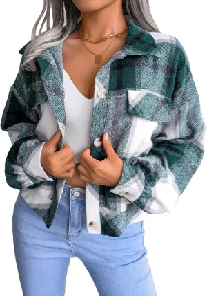 Zontroldy Womens Fashion Cropped Corduroy Plaid Shacket Jacket Button Down Long Sleeve Crop Shirts Jackets Tops