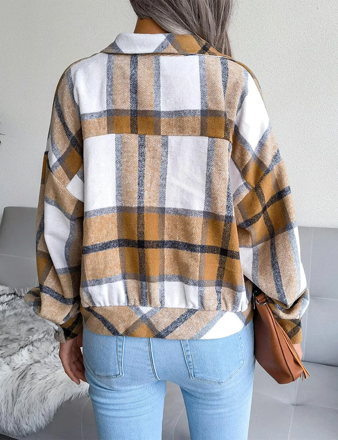 Zontroldy Womens Fashion Cropped Corduroy Plaid Shacket Jacket Button Down Long Sleeve Crop Shirts Jackets Tops