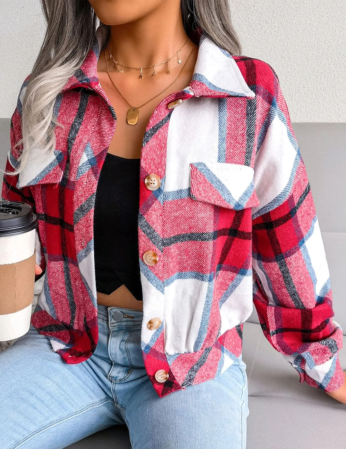 Zontroldy Womens Fashion Cropped Corduroy Plaid Shacket Jacket Button Down Long Sleeve Crop Shirts Jackets Tops