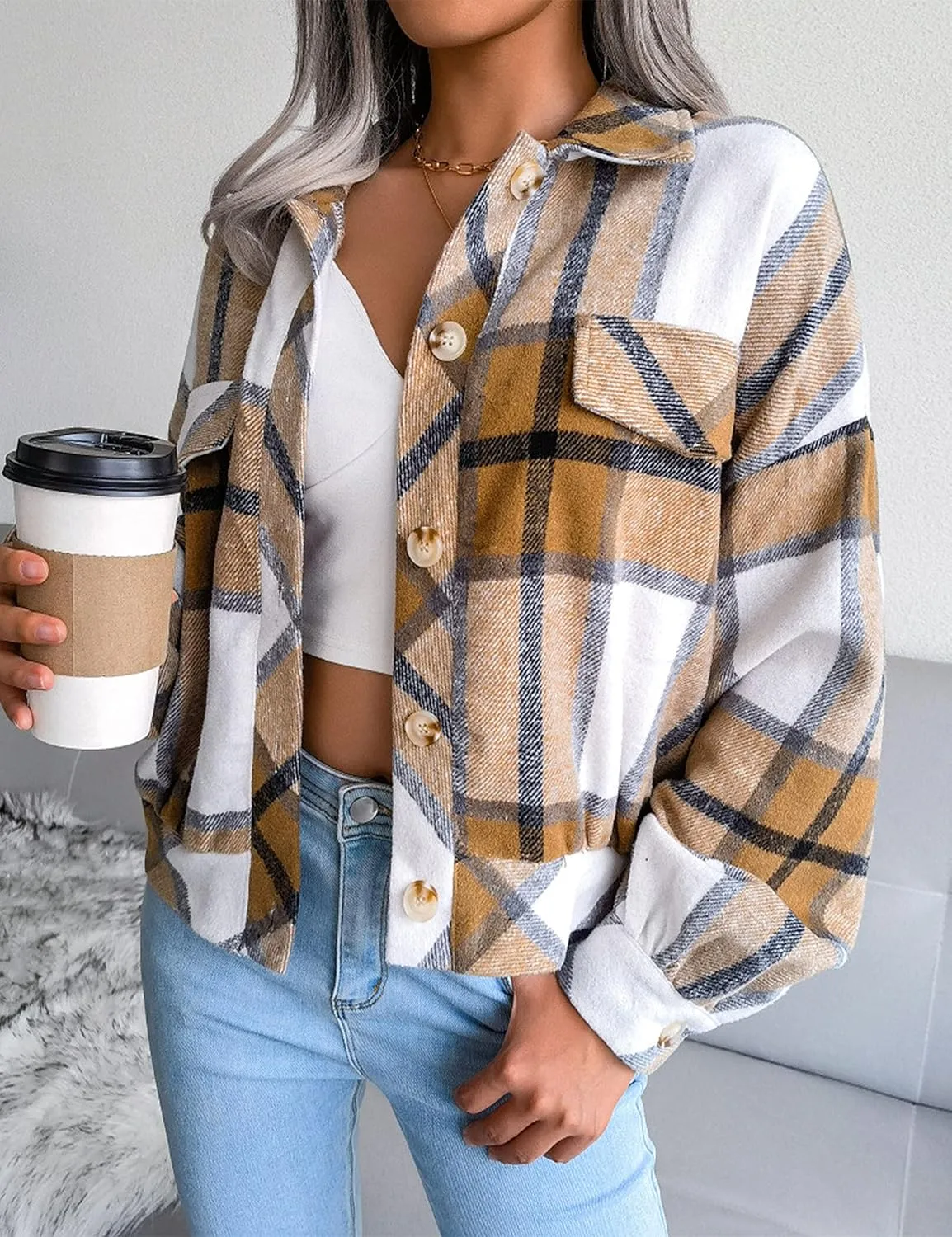 Zontroldy Womens Fashion Cropped Corduroy Plaid Shacket Jacket Button Down Long Sleeve Crop Shirts Jackets Tops