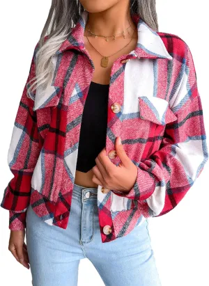 Zontroldy Womens Fashion Cropped Corduroy Plaid Shacket Jacket Button Down Long Sleeve Crop Shirts Jackets Tops