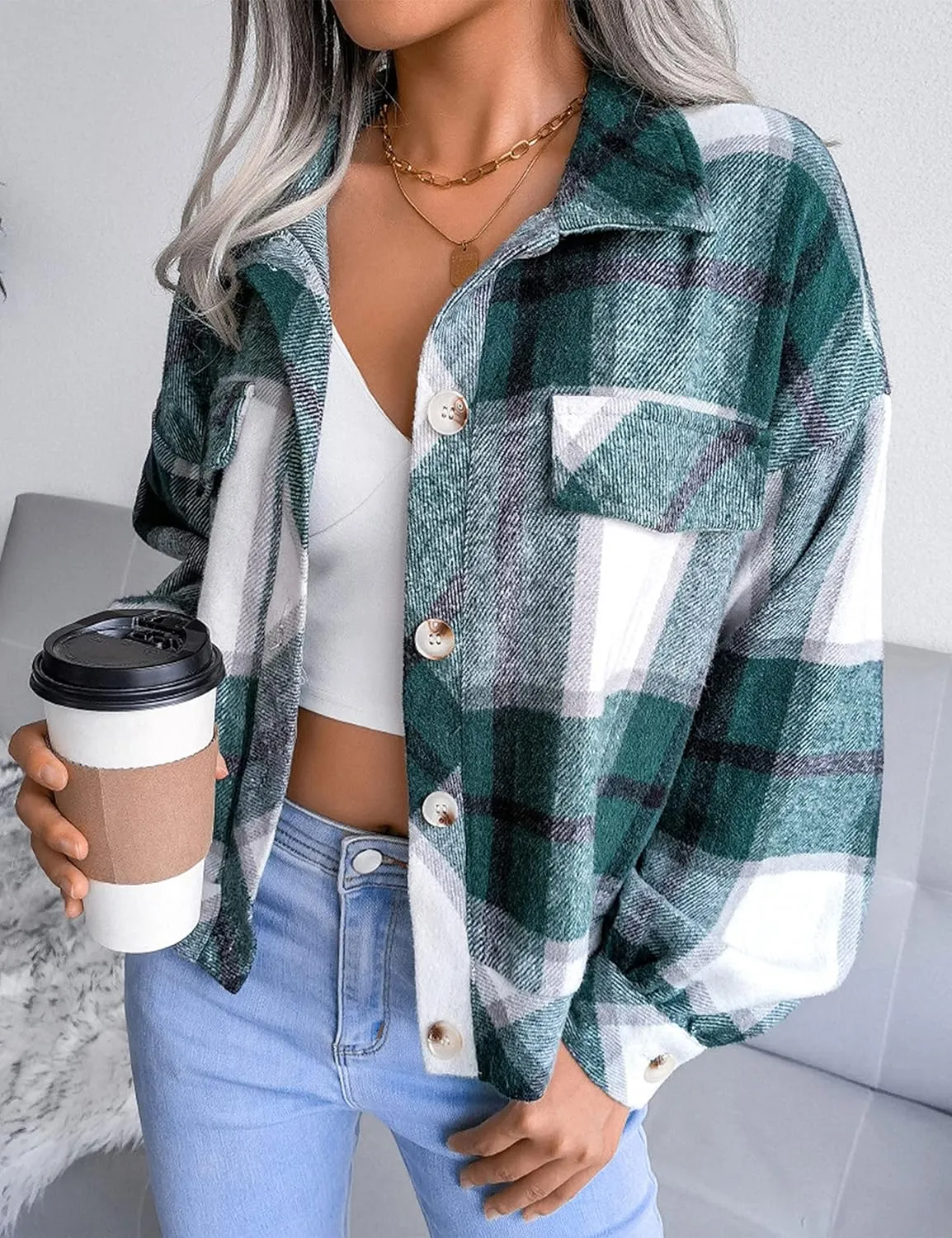 Zontroldy Womens Fashion Cropped Corduroy Plaid Shacket Jacket Button Down Long Sleeve Crop Shirts Jackets Tops