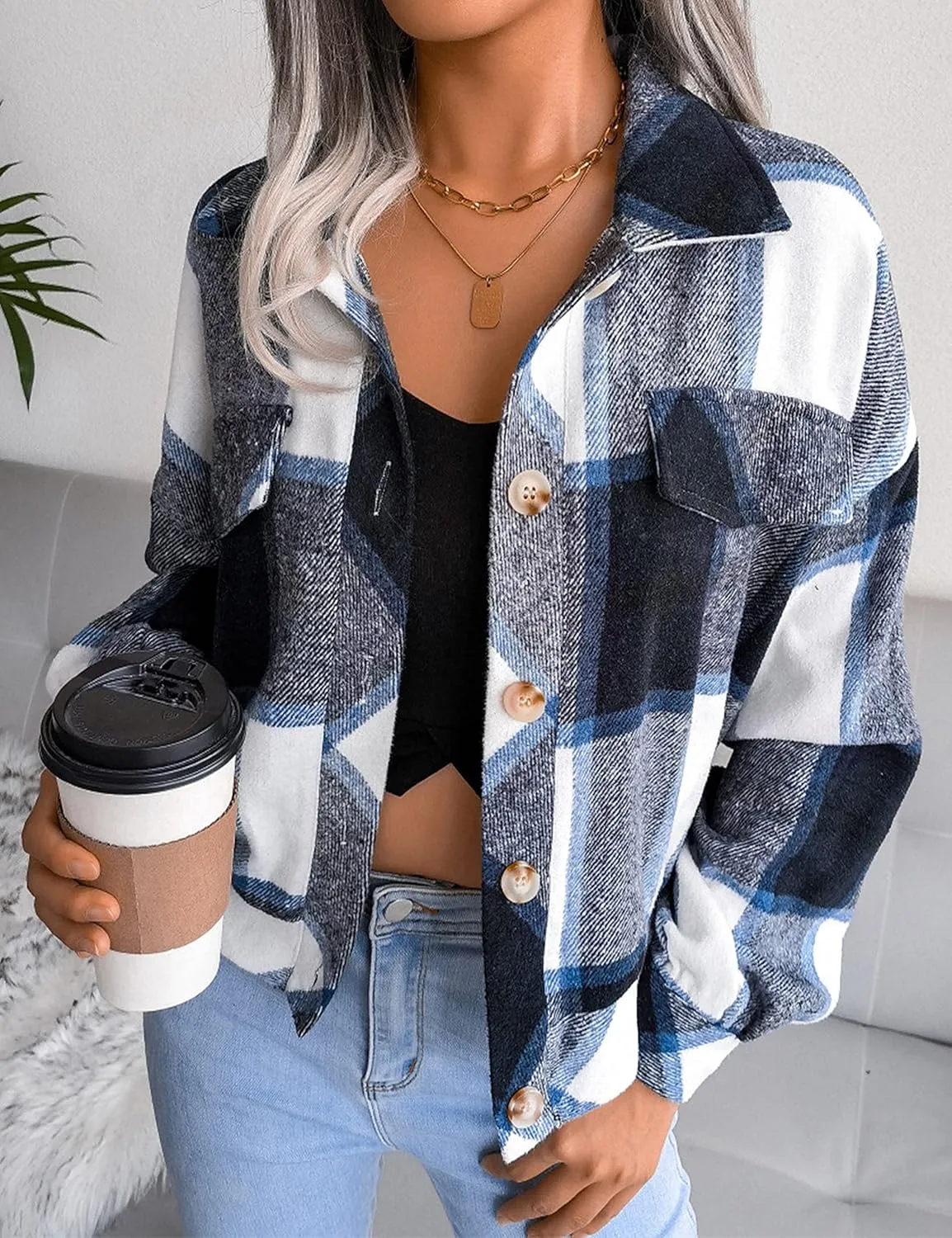 Zontroldy Womens Fashion Cropped Corduroy Plaid Shacket Jacket Button Down Long Sleeve Crop Shirts Jackets Tops